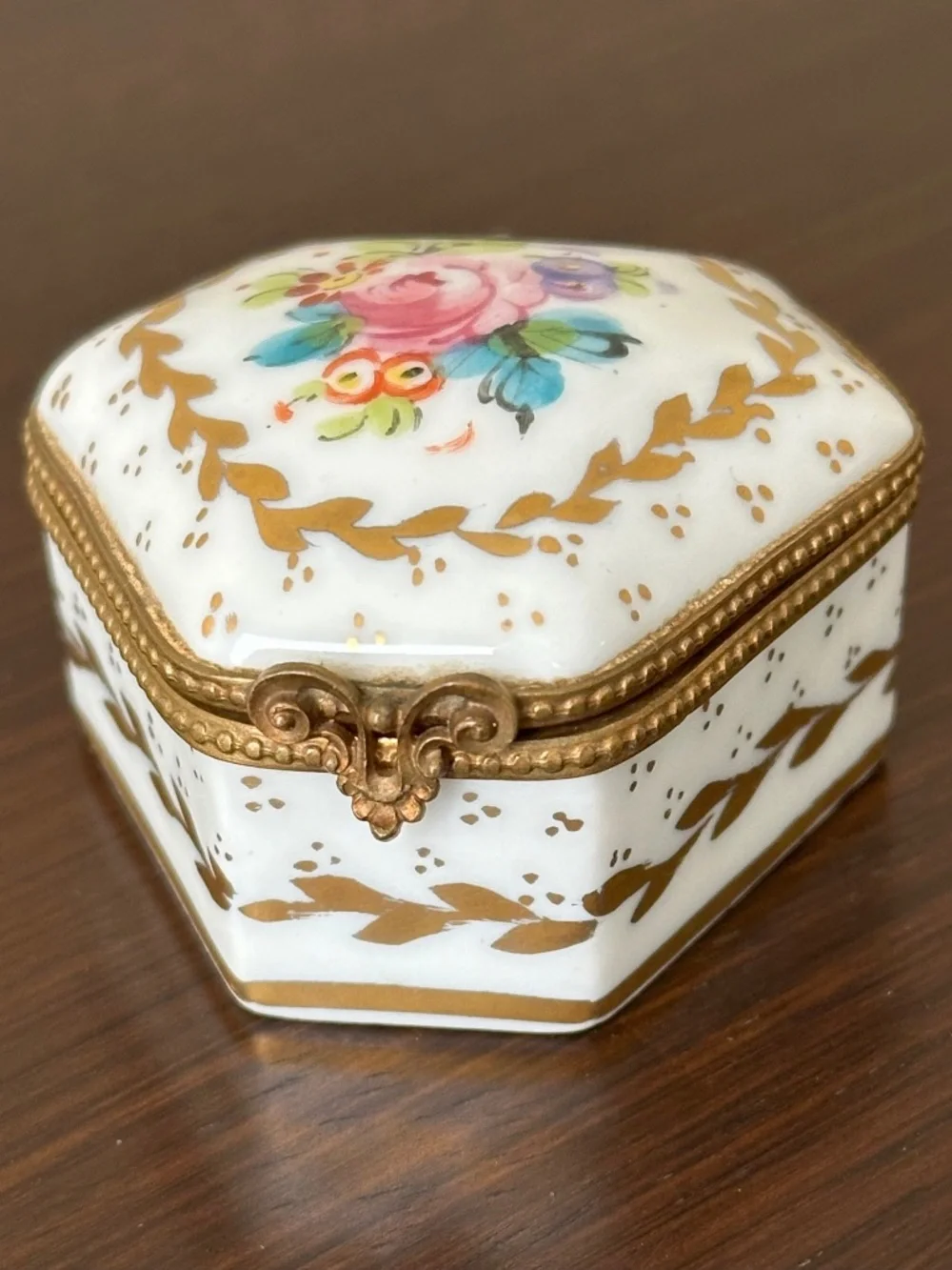 VTG Limoges France Porcelain Hexagon Trinket Box Hand Painted Floral Gold